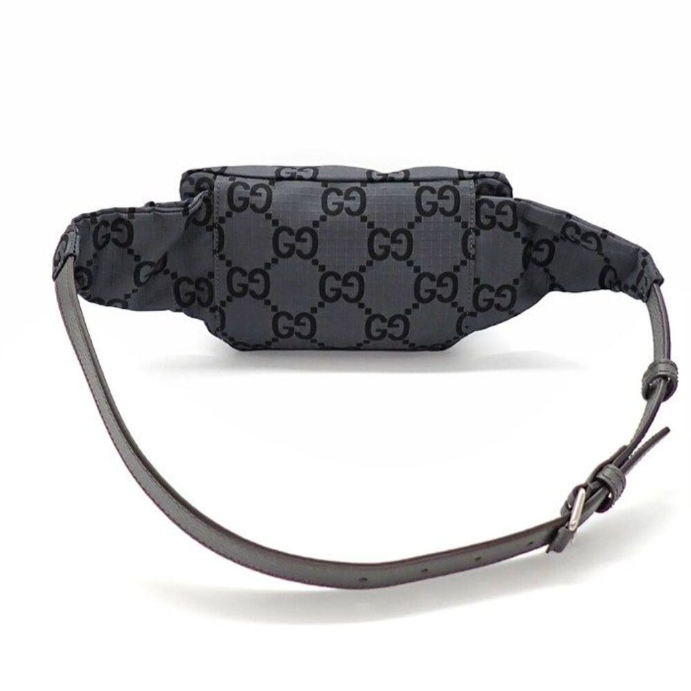 Gucci Belt Bag Large Facpm 1246 Dark Grey Black GG Nylon Leather Silver - Picture 2 of 10